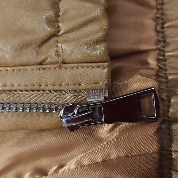 Bomber Jacket faux leather brown camel elasticized sleeves ladies size L - Picture 12 of 12